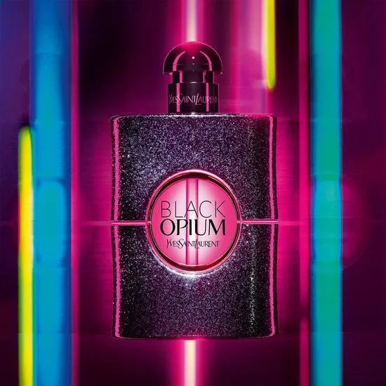 YSL Black Opium perfume bottle with colorful neon lights in the background